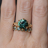 4.23ct Round Teal Green Sapphire Low Profile Wandering Vine Split Shank Six Prong Solitaire in 14k Yellow Gold