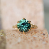 4.23ct Round Teal Green Sapphire Low Profile Wandering Vine Split Shank Six Prong Solitaire in 14k Yellow Gold