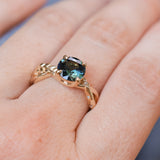 1.98ct Round Untreated Deep Parti Teal Sapphire Twisted Vine Split Shank Solitaire in 14k Yellow Gold with Diamonds
