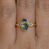 1.87ct Parti Australian Fantasy Cut Sapphire and White Australian Kite Sapphire Antique Milgrain Three Stone Low Profile Ring in 18k Yellow Gold
