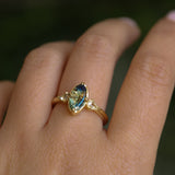 1.87ct Parti Australian Fantasy Cut Sapphire and White Australian Kite Sapphire Antique Milgrain Three Stone Low Profile Ring in 18k Yellow Gold