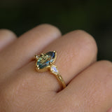 1.87ct Parti Australian Fantasy Cut Sapphire and White Australian Kite Sapphire Antique Milgrain Three Stone Low Profile Ring in 18k Yellow Gold