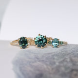 3.22ct Teal Oval Madagascar Sapphire and Diamond Vintage Cathedral Four Prong Ring in 14k Yellow Gold