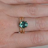 3.22ct Teal Oval Madagascar Sapphire and Diamond Vintage Cathedral Four Prong Ring in 14k Yellow Gold