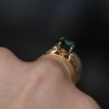 3.22ct Teal Oval Madagascar Sapphire and Diamond Vintage Cathedral Four Prong Ring in 14k Yellow Gold