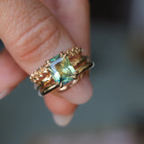 3.01ct Madagascar Parti Radiant Cut Sapphire Double Prong Evergreen Carved Stackable Solitaire in 14k Yellow Gold