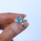 3.38ct Untreated Montana Sapphire Cushion Cut Marquise Diamond Cluster Ring in 18k Yellow Gold
