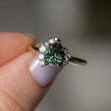 1.79ct Pear Deep Teal Green-Blue Sapphire and Diamond Asymmetrical Cluster Ring in Two Tone 14k Yellow and 14k White Gold
