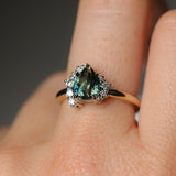 1.79ct Pear Deep Teal Green-Blue Sapphire and Diamond Asymmetrical Cluster Ring in Two Tone 14k Yellow and 14k White Gold