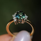 1.79ct Pear Deep Teal Green-Blue Sapphire and Diamond Asymmetrical Cluster Ring in Two Tone 14k Yellow and 14k White Gold