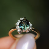 1.79ct Pear Deep Teal Green-Blue Sapphire and Diamond Asymmetrical Cluster Ring in Two Tone 14k Yellow and 14k White Gold