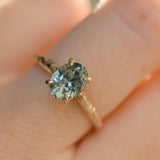 1.58ct Oval Untreated Light Blue Montana Sapphire Evergreen Carved 4 Prong Solitaire in 14k Yellow Gold