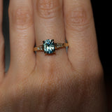 1.74ct Fancy Elongated Cushion Parti Teal Blue Montana Sapphire and Diamond Vintage Cathedral 4 Prong Solitaire in 14k Yellow