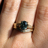 1.74ct Fancy Elongated Cushion Parti Teal Blue Montana Sapphire and Diamond Vintage Cathedral 4 Prong Solitaire in 14k Yellow