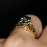 1.74ct Fancy Elongated Cushion Parti Teal Blue Montana Sapphire and Diamond Vintage Cathedral 4 Prong Solitaire in 14k Yellow