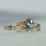 1.74ct Fancy Elongated Cushion Parti Teal Blue Montana Sapphire and Diamond Vintage Cathedral 4 Prong Solitaire in 14k Yellow