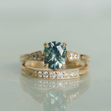 1.74ct Fancy Elongated Cushion Parti Teal Blue Montana Sapphire and Diamond Vintage Cathedral 4 Prong Solitaire in 14k Yellow