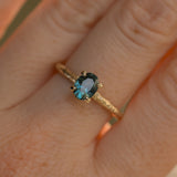 0.80ct Oval Precision Cut Blue Montana Sapphire Evergreen Carved 4 Prong Solitaire in 14k Yellow Gold