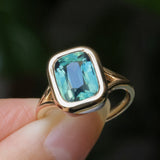 4.09ct Elongated Cushion Cut Teal Sapphire Low Profile Split Shank Bezel Ring in 14k Yellow Gold- Appraised Stone