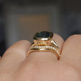 4.09ct Elongated Cushion Cut Teal Sapphire Low Profile Split Shank Bezel Ring in 14k Yellow Gold- Appraised Stone