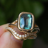 4.09ct Elongated Cushion Cut Teal Sapphire Low Profile Split Shank Bezel Ring in 14k Yellow Gold- Appraised Stone