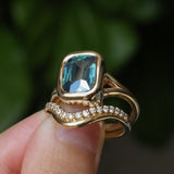 4.09ct Elongated Cushion Cut Teal Sapphire Low Profile Split Shank Bezel Ring in 14k Yellow Gold- Appraised Stone