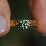 1.34ct Round Precision Cut Montana Sapphire 4 Prong Solitaire Evergreen Ring in 14k Yellow Gold