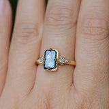 1.62ct Untreated Green Kenyan Fantasy Cut Radiant Sapphire and Kite Diamond Compass Set Three Stone Low Profile Ring in 18k Yellow Gold