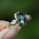 1.62ct Untreated Green Kenyan Fantasy Cut Radiant Sapphire and Kite Diamond Compass Set Three Stone Low Profile Ring in 18k Yellow Gold
