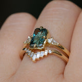 1.62ct Untreated Green Kenyan Fantasy Cut Radiant Sapphire and Kite Diamond Compass Set Three Stone Low Profile Ring in 18k Yellow Gold