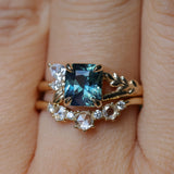 1.65ct Teal Blue Radiant Cut Madagascar Sapphire in Wandering Vine Low Profile 4 Prong Setting with Diamonds in 14k Yellow