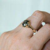 3.29ct Untreated Oval Parti Green Sapphire Low Profile 6 Prong Evergreen Carved Solitaire in 14k Yellow Gold