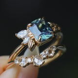 1.65ct Teal Blue Radiant Cut Madagascar Sapphire in Wandering Vine Low Profile 4 Prong Setting with Diamonds in 14k Yellow