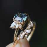 1.65ct Teal Blue Radiant Cut Madagascar Sapphire in Wandering Vine Low Profile 4 Prong Setting with Diamonds in 14k Yellow