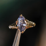 3.16ct Unheated Purple Madagascar Marquise Sapphire Evergreen Carved Low Profile 6 Prong Solitaire in 14k Yellow Gold