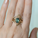 3.29ct Untreated Oval Parti Green Sapphire Low Profile 6 Prong Evergreen Carved Solitaire in 14k Yellow Gold