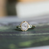 1.59ct Modern Old Mine Cut Oval GIA Diamond Three Stone Ring with Trillion Side Diamonds Compass Set Low Profile Milgrain Antique Ring in 14K Yellow Gold