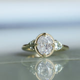 1.59ct Modern Old Mine Cut Oval GIA Diamond Three Stone Ring with Trillion Side Diamonds Compass Set Low Profile Milgrain Antique Ring in 14K Yellow Gold