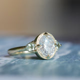 1.59ct Modern Old Mine Cut Oval GIA Diamond Three Stone Ring with Trillion Side Diamonds Compass Set Low Profile Milgrain Antique Ring in 14K Yellow Gold