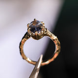 3.16ct Unheated Purple Madagascar Marquise Sapphire Evergreen Carved Low Profile 6 Prong Solitaire in 14k Yellow Gold