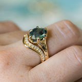 3.29ct Untreated Oval Parti Green Sapphire Low Profile 6 Prong Evergreen Carved Solitaire in 14k Yellow Gold