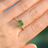 2.18ct Emerald Cut Parti Madagascar Sapphire Low Profile Bezel Solitaire Ring with Pavé Set Diamonds in 14k Green Gold