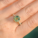 2.18ct Emerald Cut Parti Madagascar Sapphire Low Profile Bezel Solitaire Ring with Pavé Set Diamonds in 14k Green Gold