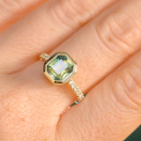 2.18ct Emerald Cut Parti Madagascar Sapphire Low Profile Bezel Solitaire Ring with Pavé Set Diamonds in 14k Green Gold