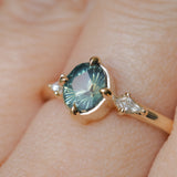 1.23ct Untreated Opalescent Nigerian Teal Speciality Fantasy Cut Sapphire and Kite Diamond Three Stone Compass Set Low Profile Ring in 14k Yellow Gold