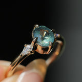 1.23ct Untreated Opalescent Nigerian Teal Speciality Fantasy Cut Sapphire and Kite Diamond Three Stone Compass Set Low Profile Ring in 14k Yellow Gold