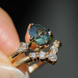 1.23ct Untreated Opalescent Nigerian Teal Speciality Fantasy Cut Sapphire and Kite Diamond Three Stone Compass Set Low Profile Ring in 14k Yellow Gold