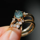 1.23ct Untreated Opalescent Nigerian Teal Speciality Fantasy Cut Sapphire and Kite Diamond Three Stone Compass Set Low Profile Ring in 14k Yellow Gold