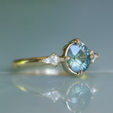 1.23ct Untreated Opalescent Nigerian Teal Speciality Fantasy Cut Sapphire and Kite Diamond Three Stone Compass Set Low Profile Ring in 14k Yellow Gold
