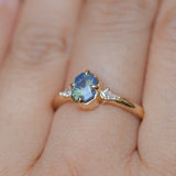 0.89ct Untreated Opalescent Seafoam Teal Speciality Fantasy Cut Sapphire and Kite Diamond Compass Set Three Stone Low Profile Ring in 14k Yellow Gold